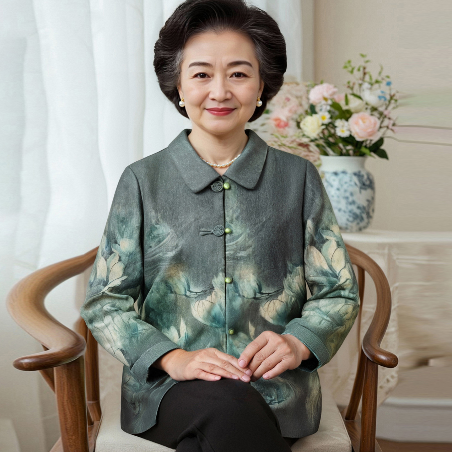 中老年人秋装衬衫女奶奶装长袖上衣服老太太春秋外套妈妈衬衣套装