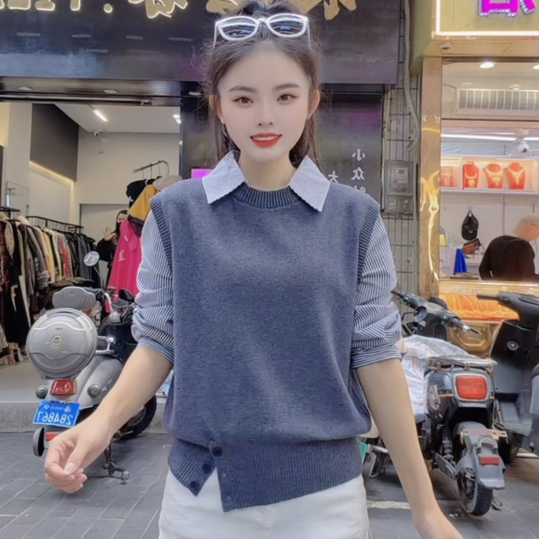 《盈盈家》假两件拼接条纹针织衫减龄显瘦长袖上衣