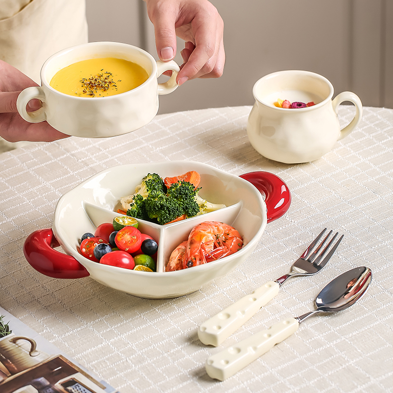 陶瓷双耳分格餐盘大人减肥减脂专用月子餐具早餐盘定量分隔盘子