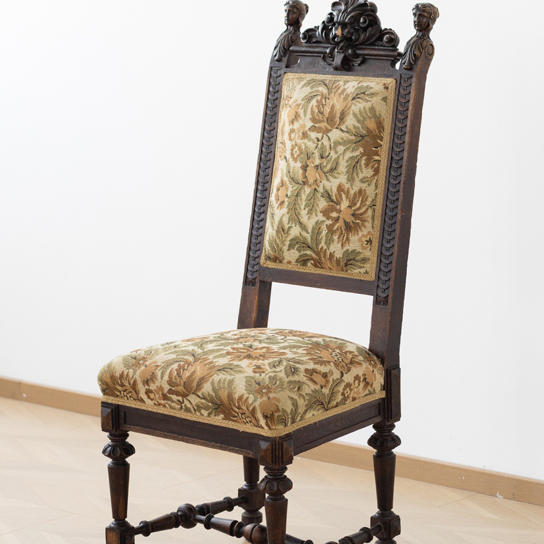 1890年代法国路易十三复兴风格橡木雕刻软包高背椅