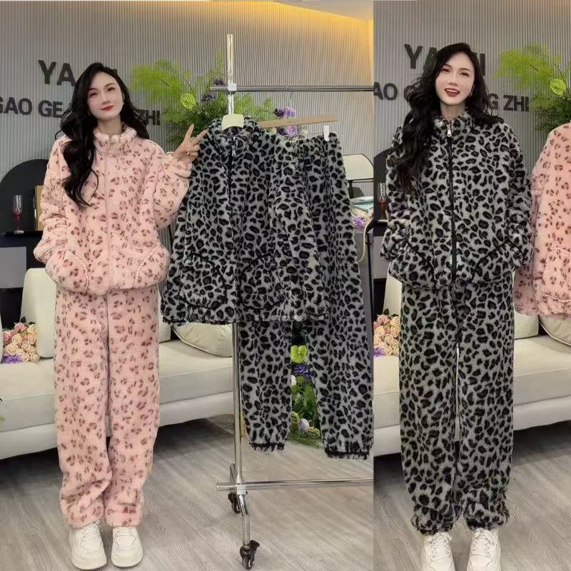 雅希定制~【甜心豹纹】花边拼接加厚保暖睡衣套装休闲套装家居服