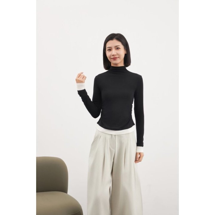 【纸片人内搭】假两件半高领设计感撞色打底衫拉夏贝尔.M66303.CT初