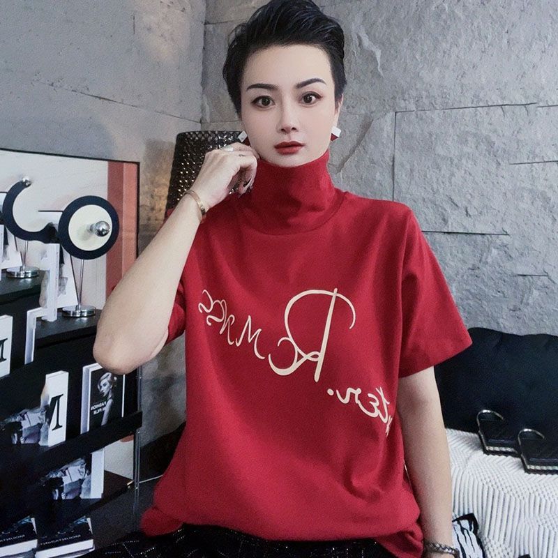 中国红时尚高领气质短袖打底衫女欧货百搭宽松休闲洋气五分袖上衣