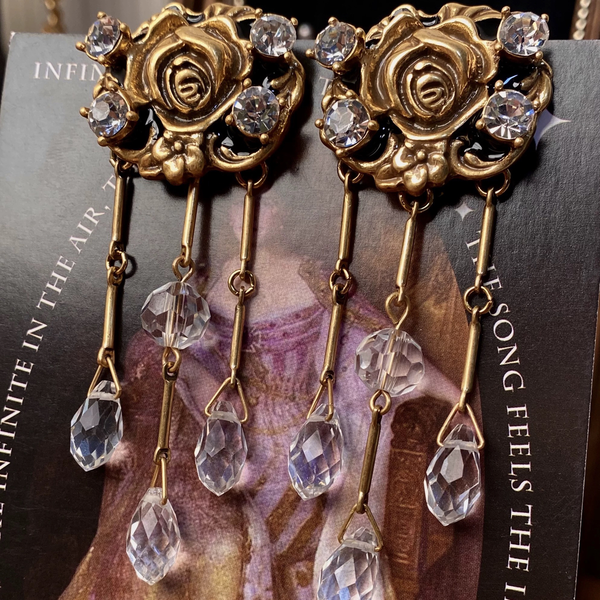 铜合金耳饰 「迷离玫瑰」西洋复古玫瑰耳环耳夹中古港风流苏长耳环