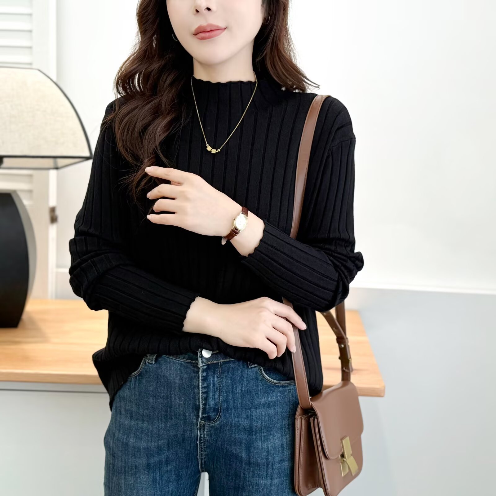 秋冬新款针织保暖秋冬圆领纯色套头长袖坑条洋气毛针织衫加大码