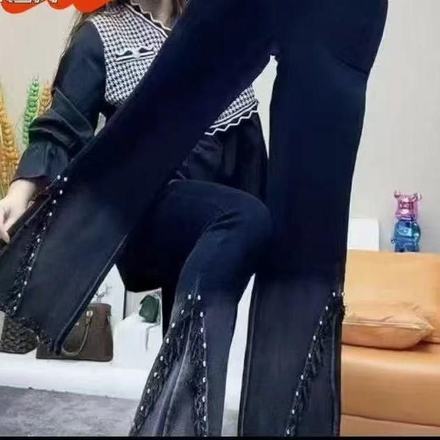 拼变色斜纹弹力微喇叭高腰牛仔裤女春秋休闲毛边款式