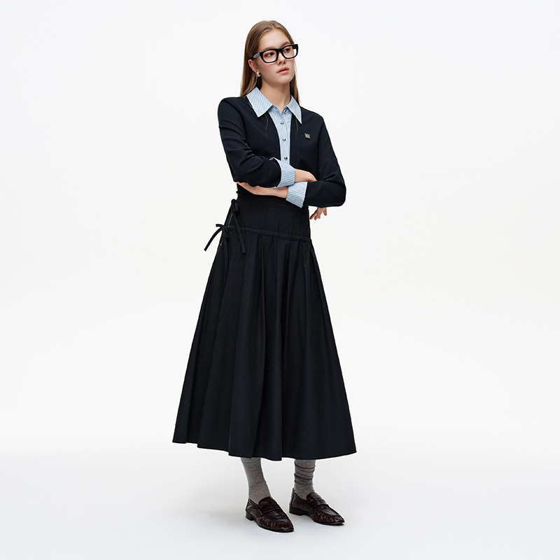 独束【灵动旋律】高腰立体压褶半身裙女侧边绑带百褶裙26DS81166