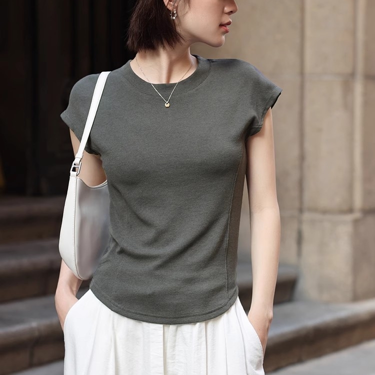 热者圆领鱼骨线短袖T恤女夏季正肩小飞袖轻薄显瘦运动休闲上衣
