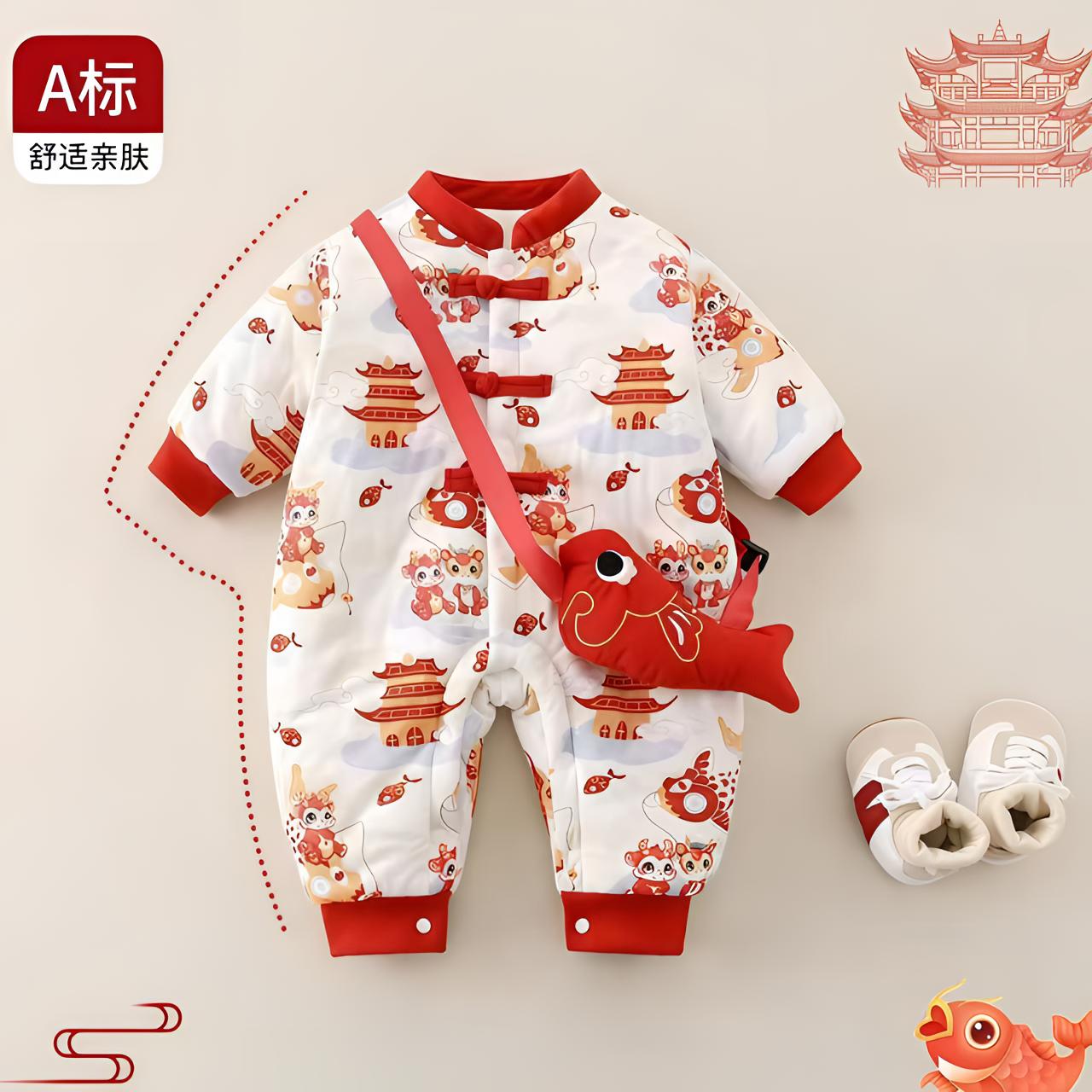 婴儿冬季加厚幼儿喜庆红色拜年服百天周岁连体衣冬装过年棉衣{吉