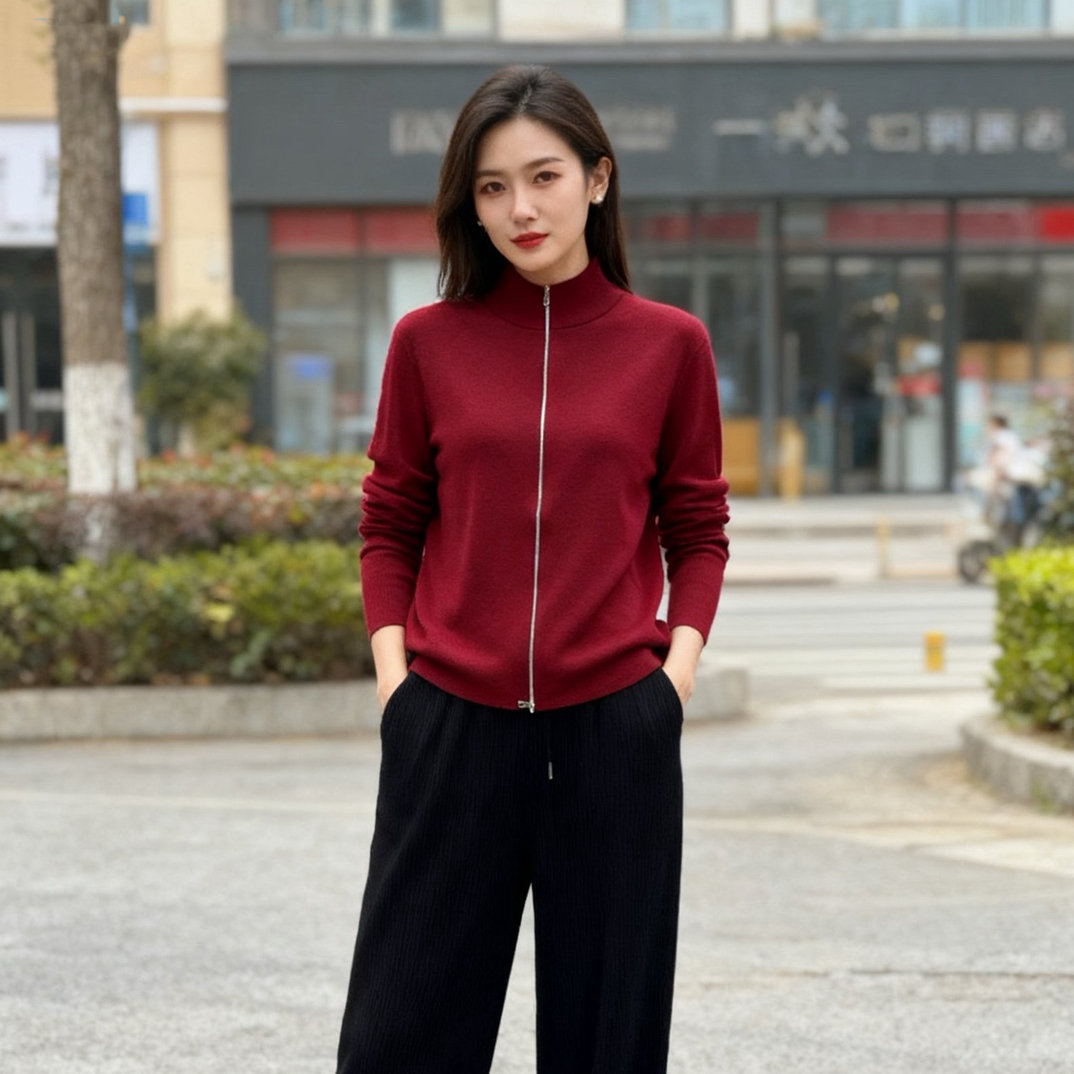 精纺半高领拉链女开衫羊绒衫