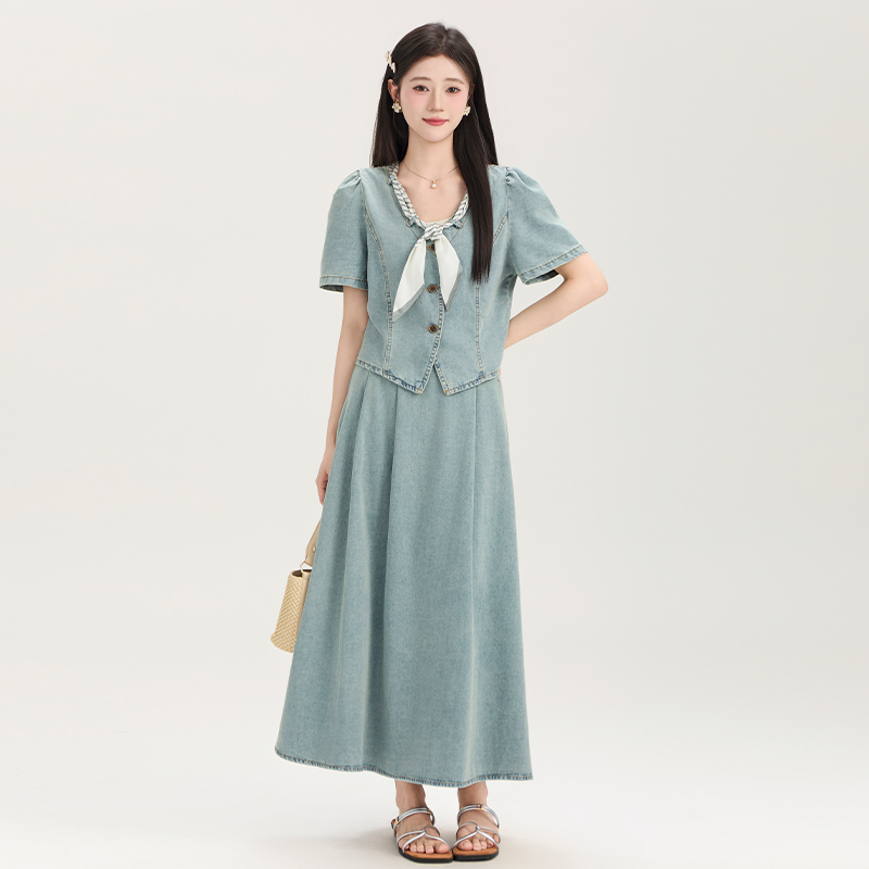 【粉丝专属】26004法式气质细带牛仔上衣配牛仔a字长裙百搭两件套