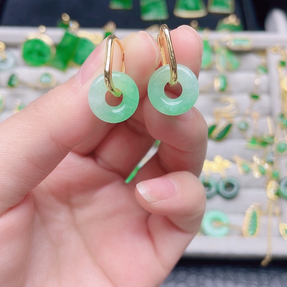 翡翠耳饰银S925镀金镶嵌天然翡翠