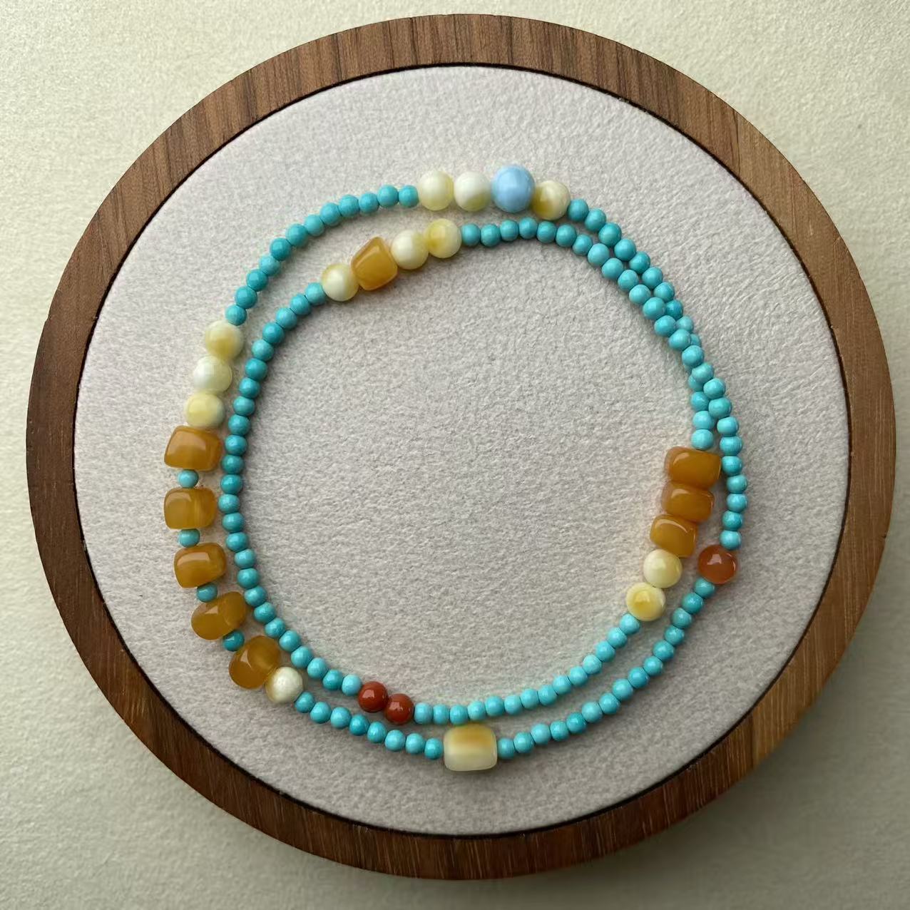 原矿俄料蜜蜡小米珠双圈多宝手链配米珠松石L022