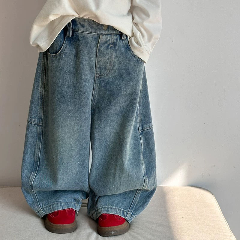 秋冬新款男女童阔腿牛仔裤韩版加绒儿童宽松复古长裤休闲弯刀裤子