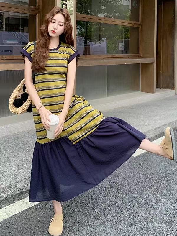 【曲奇COOKY专属】2025夏季韩版休闲条纹拼接松弛感宽松鱼尾连衣裙