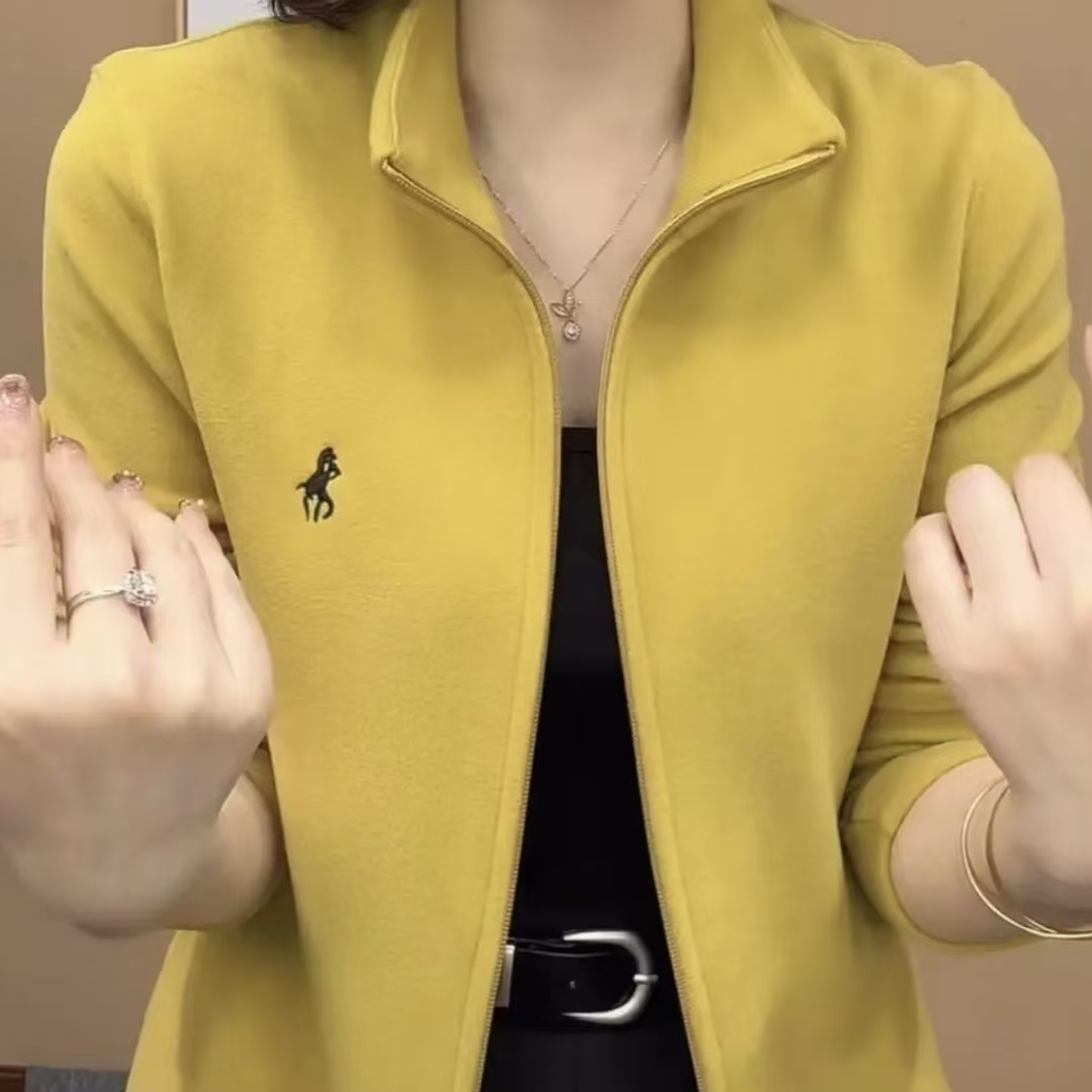 2025春秋季女士纯色双面绒拉链开衫时尚减龄妈妈装休闲长袖外套