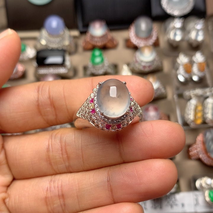 翡翠合金戒指翡翠高冰飘乌鸡花戒面