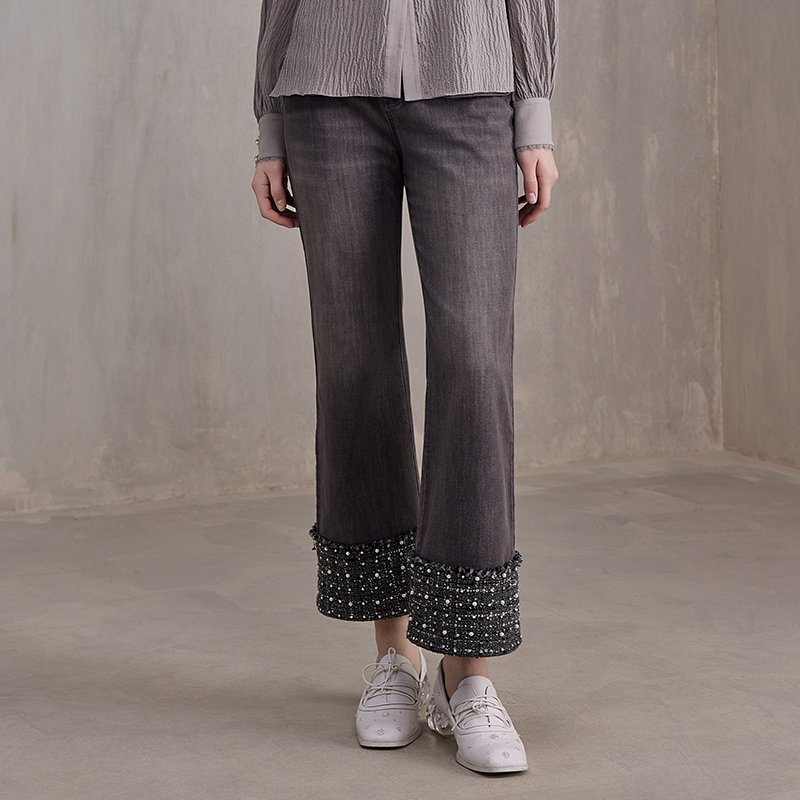 朝峰春秋高腰拼接小香风黑色牛仔裤CFE3F100-1016P