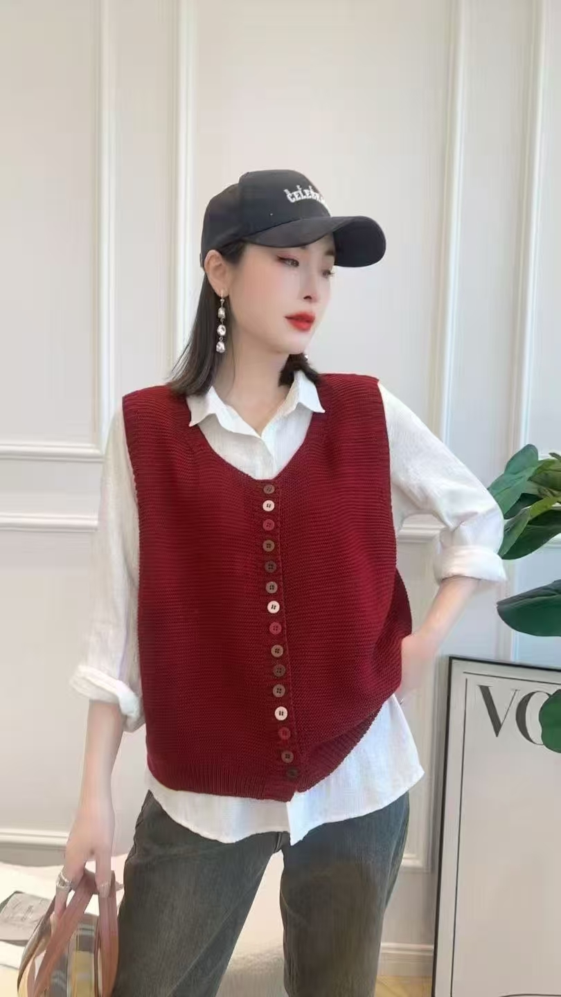 【好闺蜜】复古针织女提花纽扣钉珠厚款马夹马甲气质无袖韩版