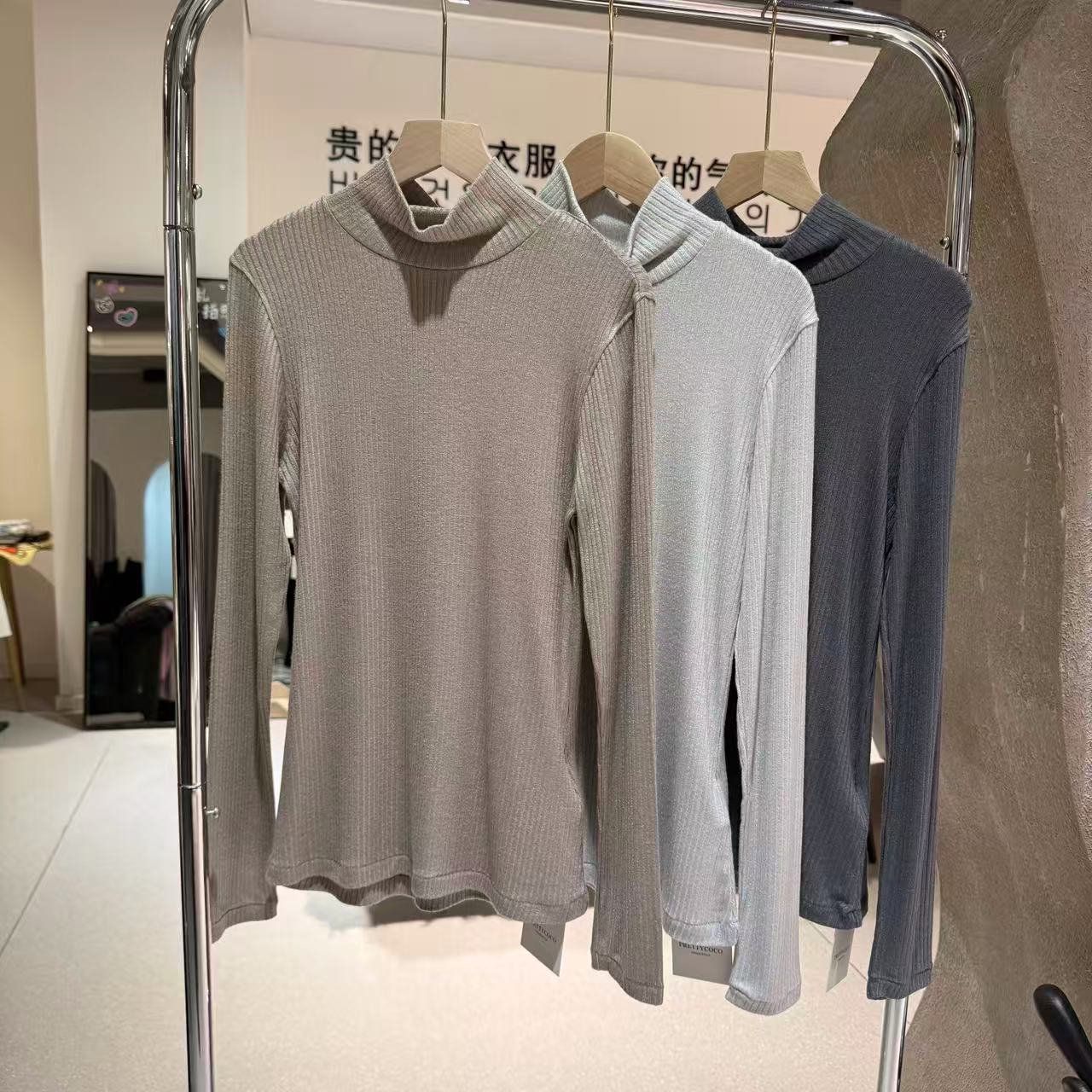 女装上衣罗纹高领长袖T恤小高领修身简约时尚打底衫2025秋冬新款