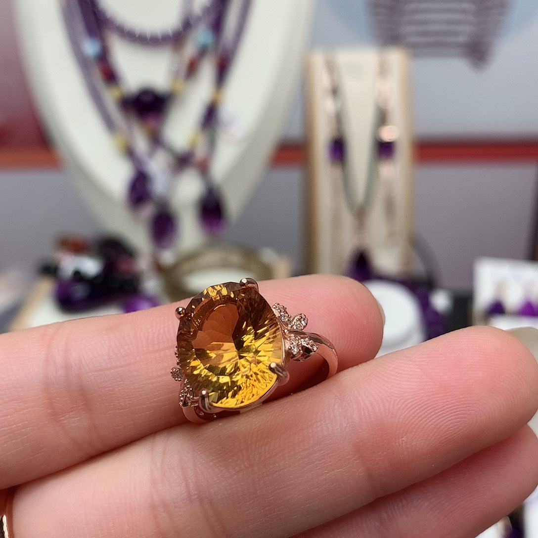 黄晶暴力黄戒指银S925镶嵌金**实