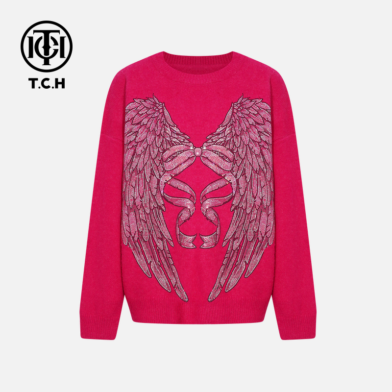 TCH【含绵羊毛】冬款百搭时尚烫钻玫红女装长袖针织衫T75D09E5032