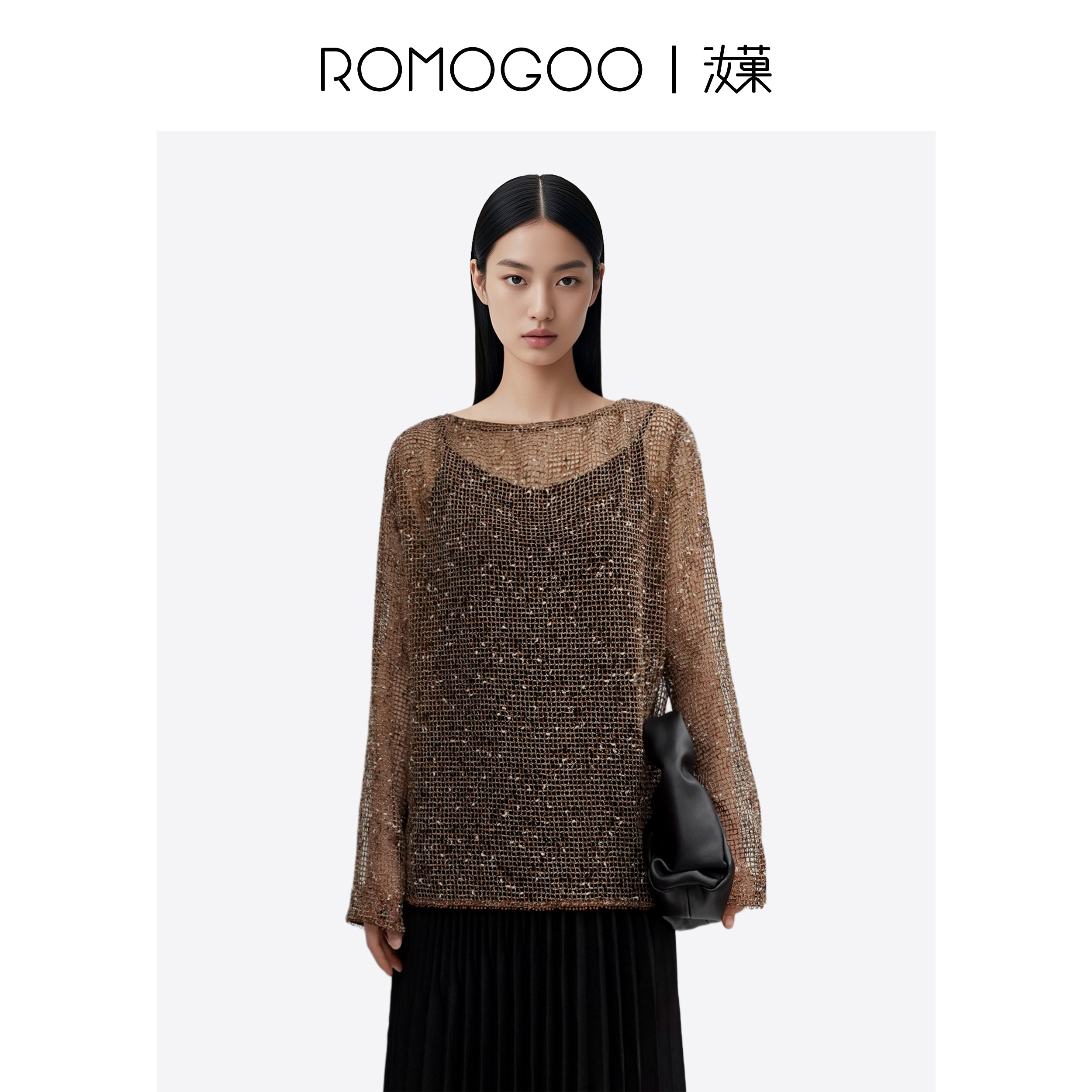 ROMOGOO【汝菓】梦幻镂空网格彩纱透肤长袖上衣罩衫RG701311