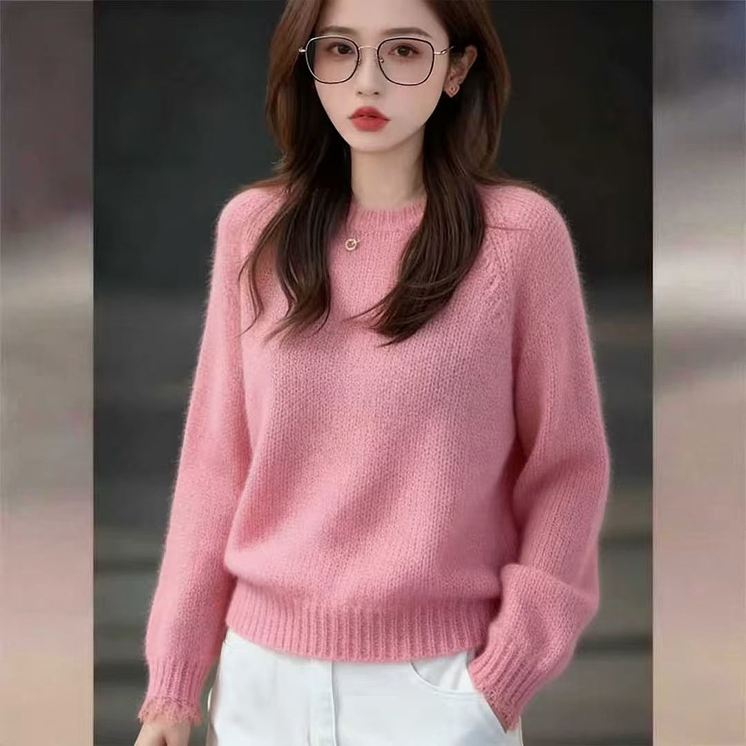 粉色蕾丝拼接马海毛毛衣女秋冬2025新款高级感宽松显瘦百搭上衣