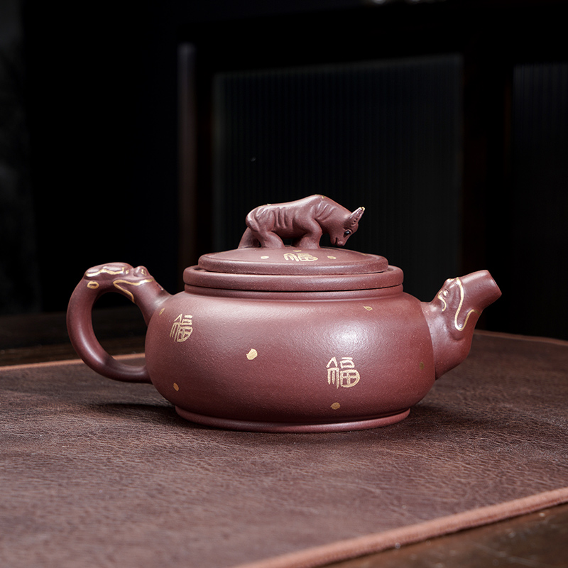 【朱】宜兴手工紫砂壶 底槽清旋盖 手工描金扭转乾坤茶壶