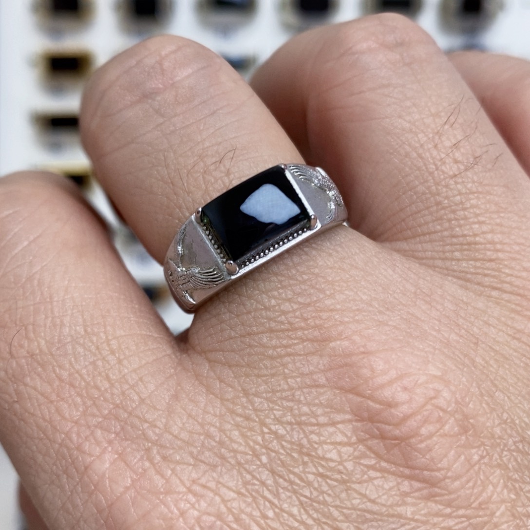 翡翠银S925镶嵌戒指墨翠戒指