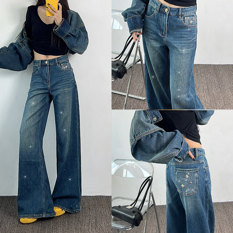 欧货2025秋季新款轻奢时尚高腰显瘦重工烫钻直筒牛仔裤洋气长裤