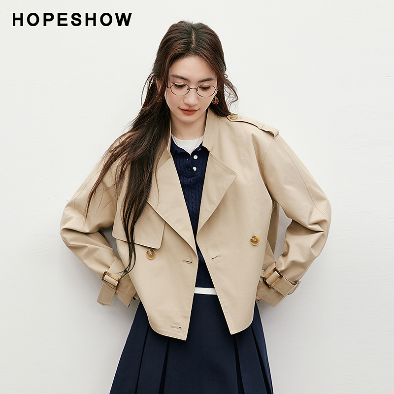 红袖春季2025新款女装 落肩箱型双排扣翻领短风衣外套90125060701