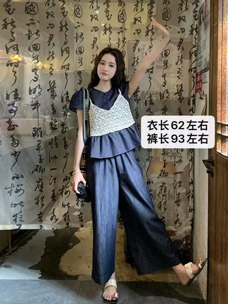  凤儿家-11866 甜美减龄针织吊带拼接荷叶边上衣+长裤两件套