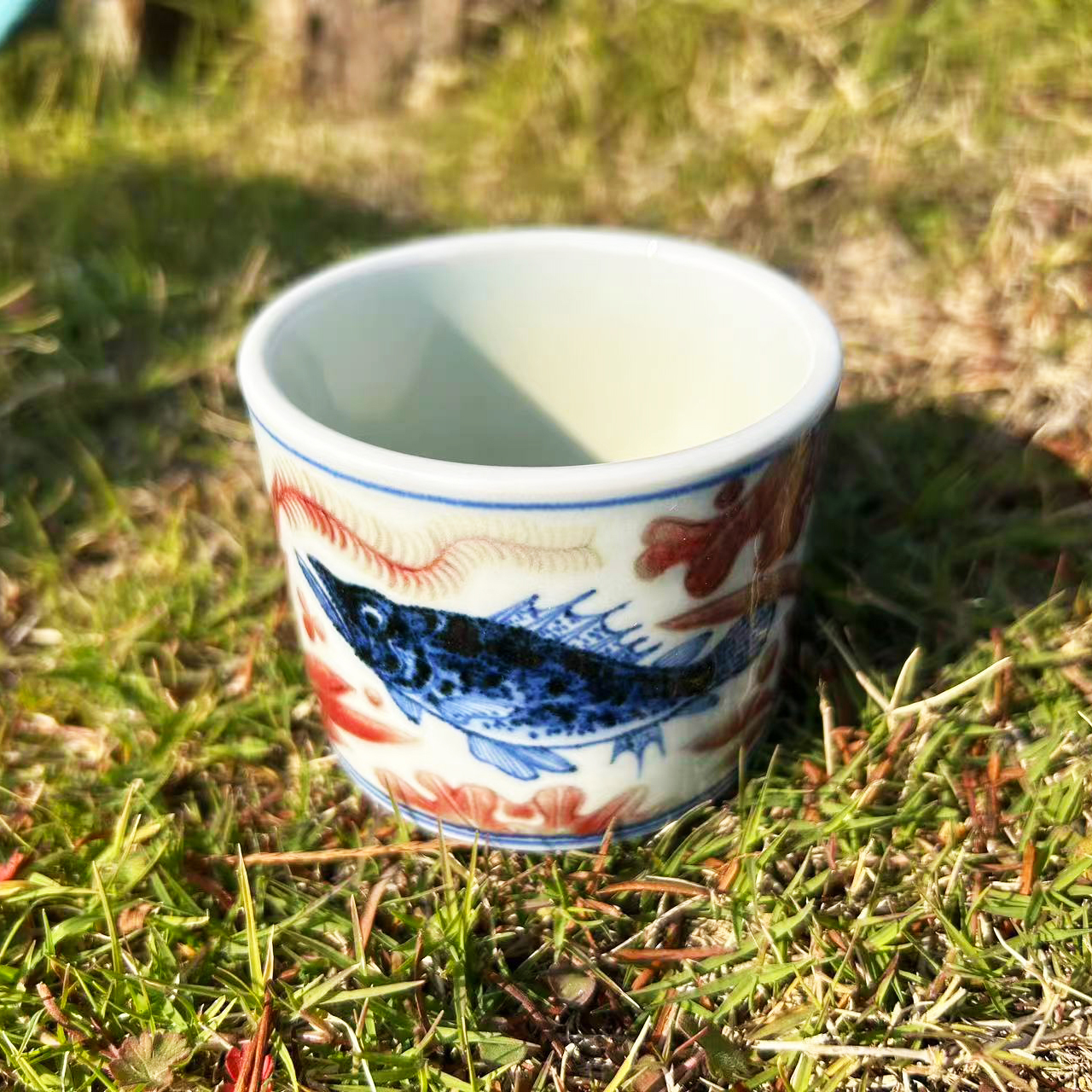 青花釉里红鱼藻纹缸杯水杯茶杯景德镇陶瓷茶器茶具纯手工手绘创意