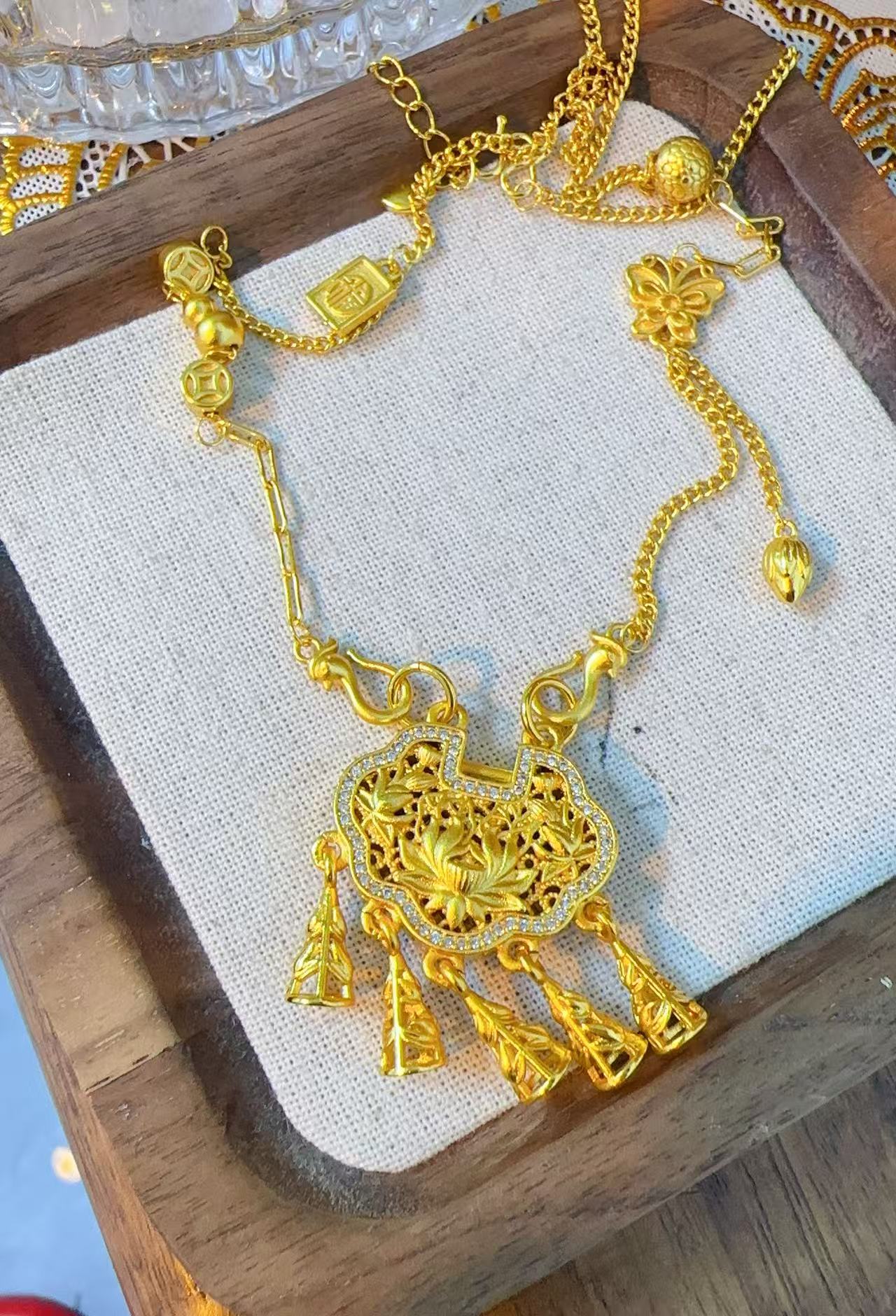 铜合金项链 SQ思岐新中式-双钩福牌莲花平安锁包项链5921