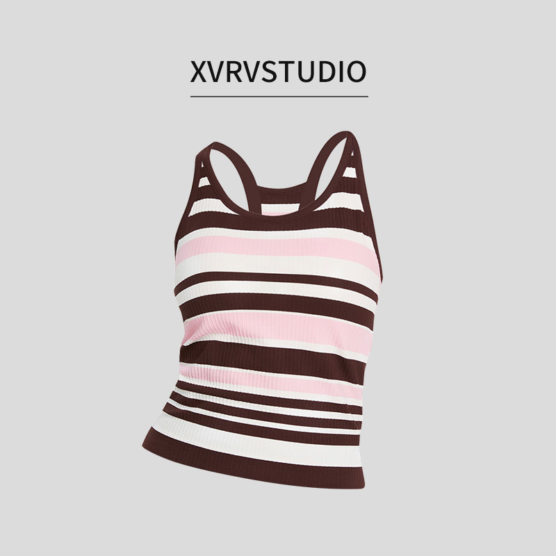 XVRV【夏上新】新款撞色一体织自带罩杯撞色条纹瑜伽工字背运动背心