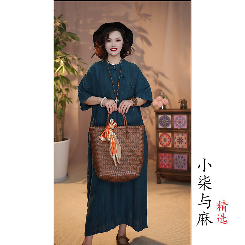 【小柒与麻】（衣长114胸围124）雨露色织亚麻盘扣裙袍蓝色