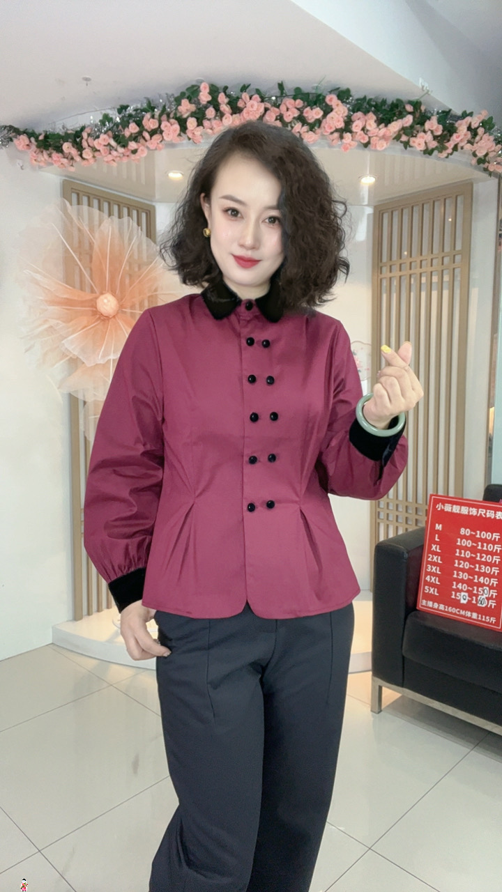【秋季新款】时尚百搭显瘦设计感双排扣长袖丝绒翻领衬衫Y9091-6