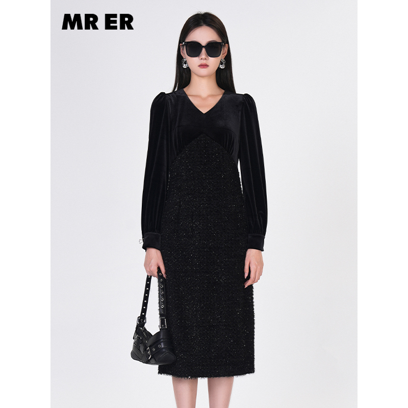 【达人专享】名媛风异材质拼接长袖连衣裙R4D90885