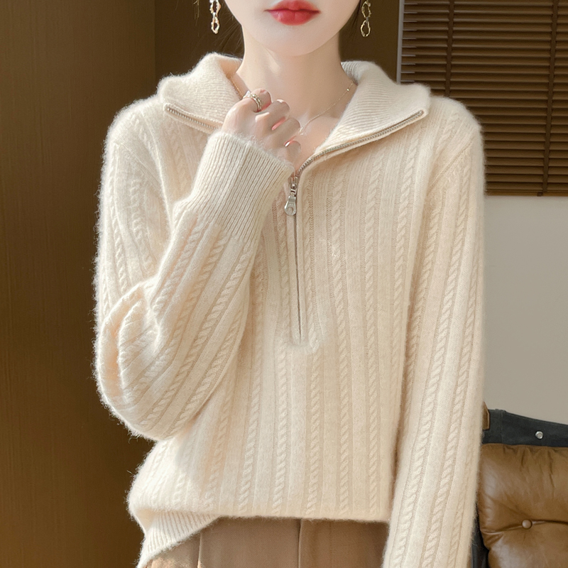 重磅加厚~100%纯羊毛衫女士翻领宽松百搭针织打底毛衣秋冬新款