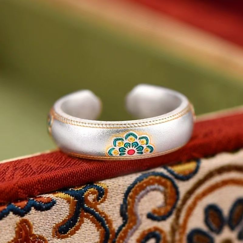 铜合金戒指 钛钢7号磨砂宝相花国风非遗珐琅彩复古百搭开口戒