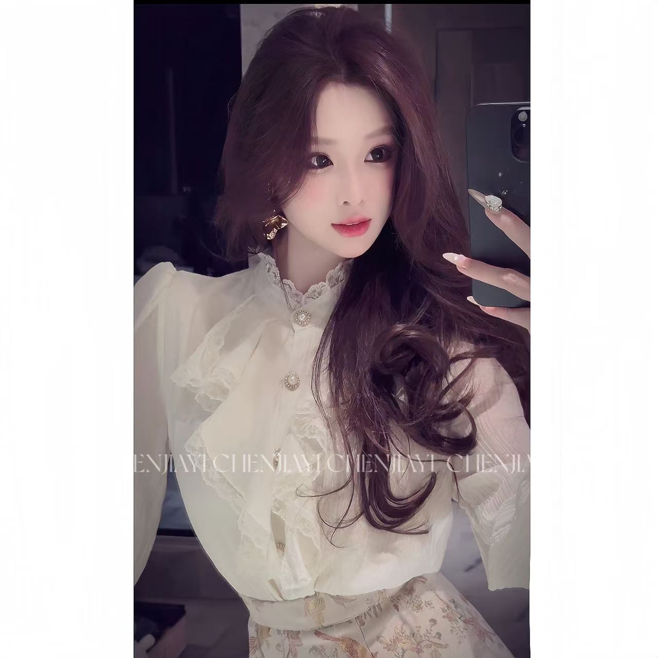 【JIAYI】法式早秋重工刺绣蕾丝千金感花边衬衫2575