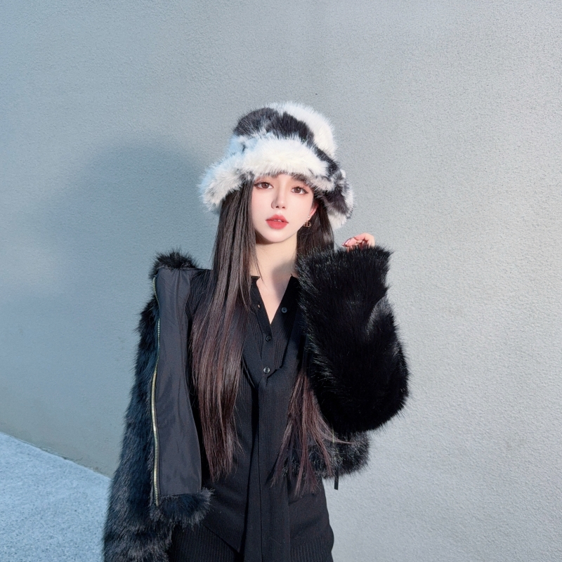 CREAMPP 原创冬款黑白斑纹毛绒平顶帽精美水晶珠蝴蝶结仿皮草盆帽