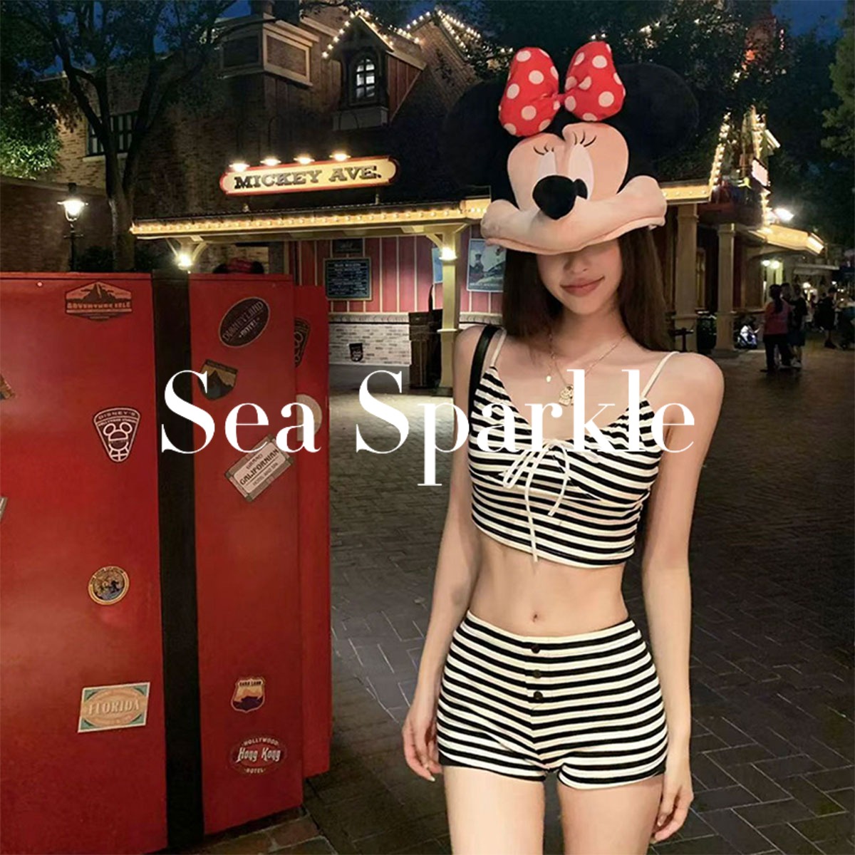 Sea Sparkle韩系ins风条纹高腰分体泳衣带罩衫性感纯欲海岛温泉