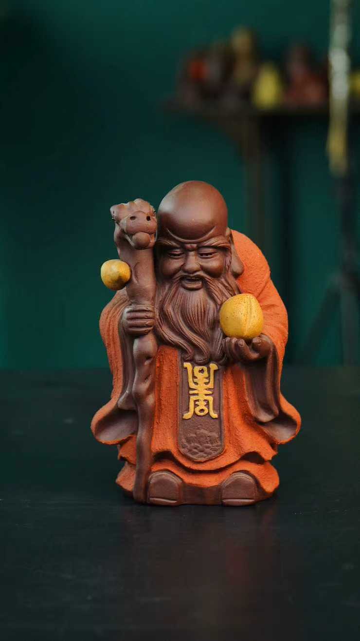 三色寿星 宜兴紫砂茶宠