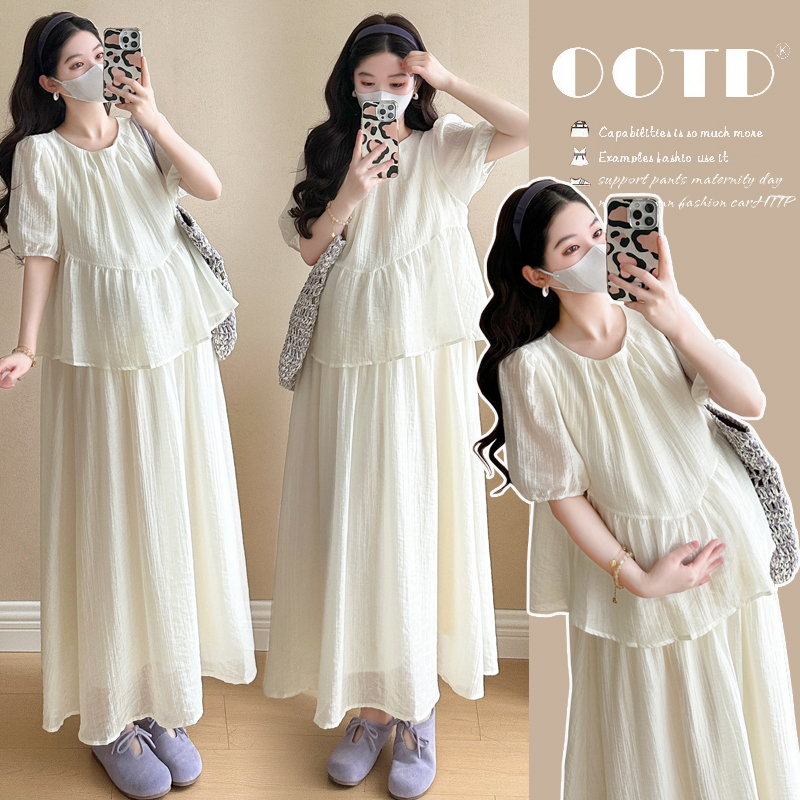 清！孕妇夏季新款假两件拼接短袖宽松遮肚洋气连衣裙