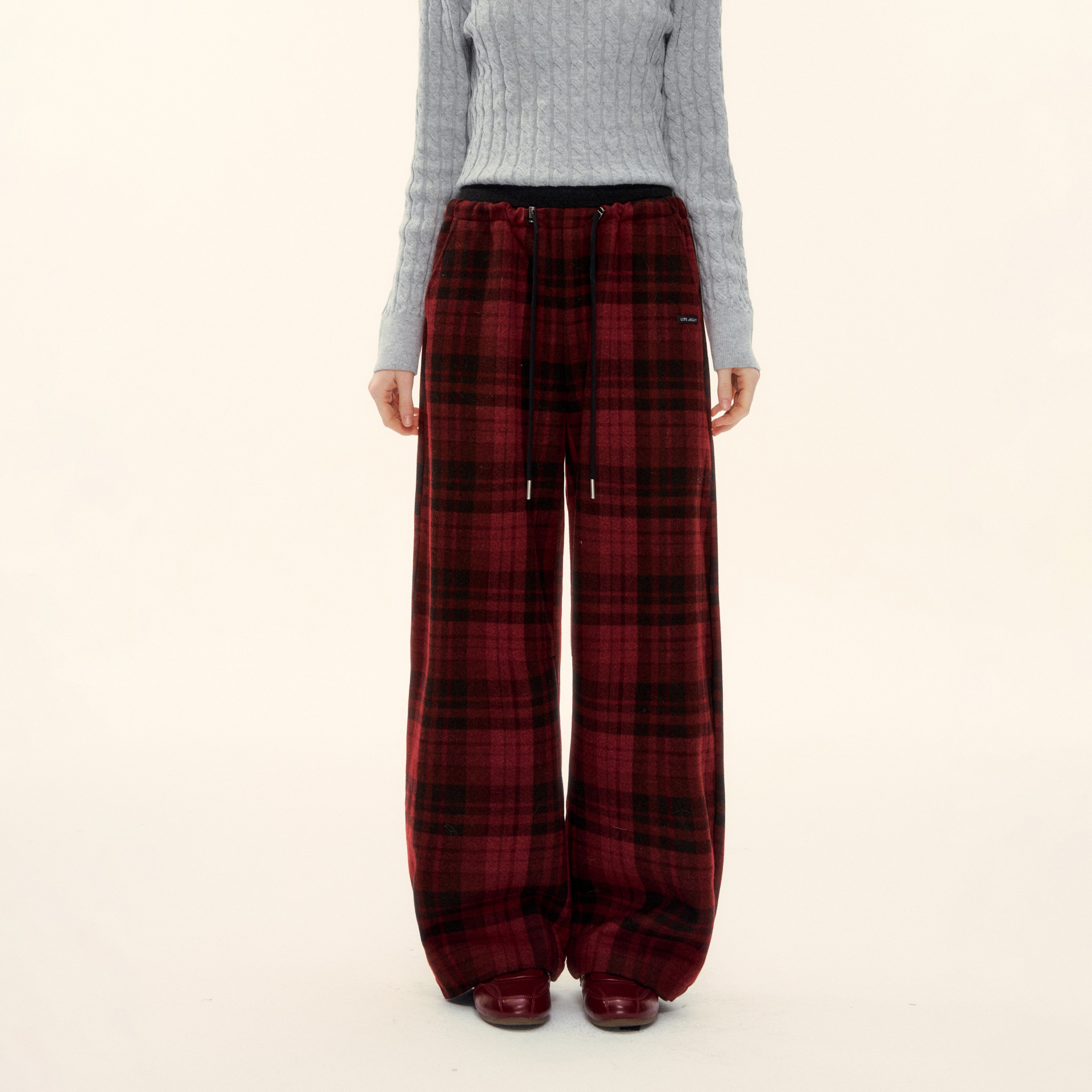 AsGony 毛呢格纹抽绳螺纹拼接休闲裤宽松百搭复古高街加绒阔腿裤