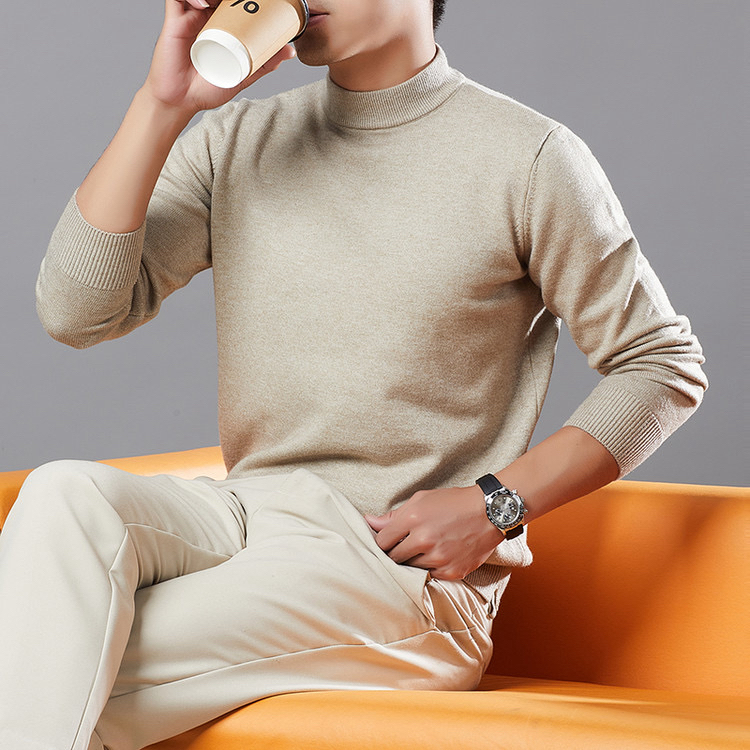 【专柜正品】男士100%绵羊毛衫冬季加厚纯色半高领针织打底毛衣男装
