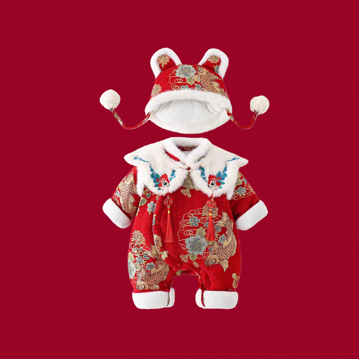 婴儿冬装衣服女宝红色喜庆过年拜年服套装周岁礼服冬季连体衣棉服
