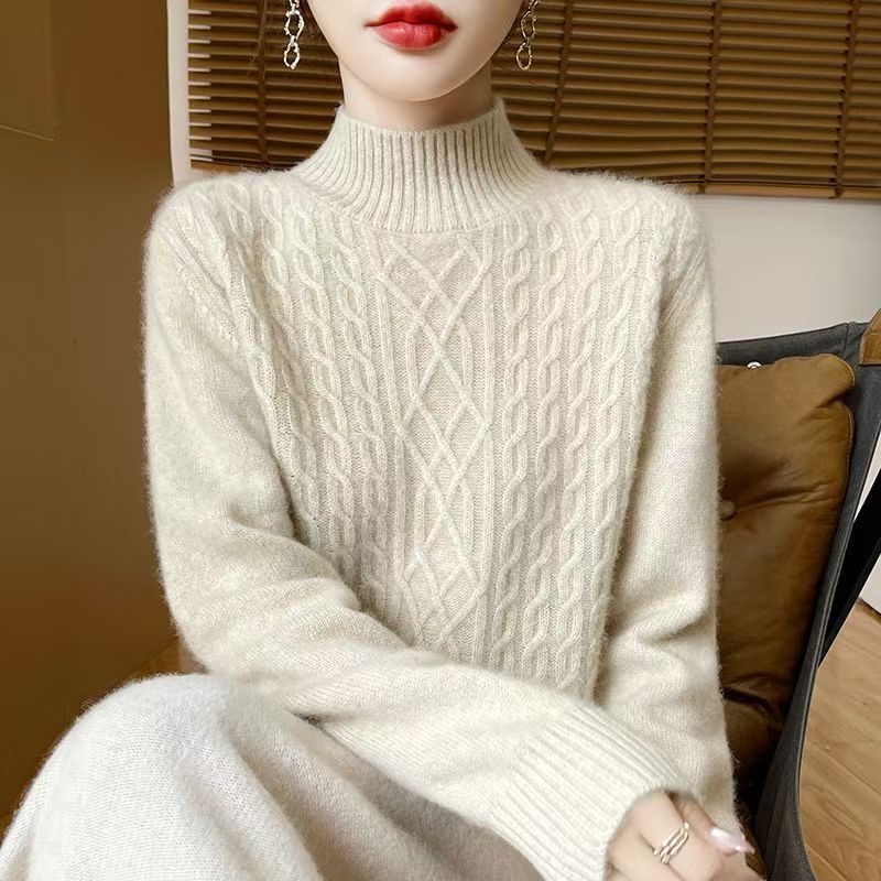 秋冬新款纯羊毛衫半高领纯色显瘦百搭针织毛衣女加厚羊毛打底衫